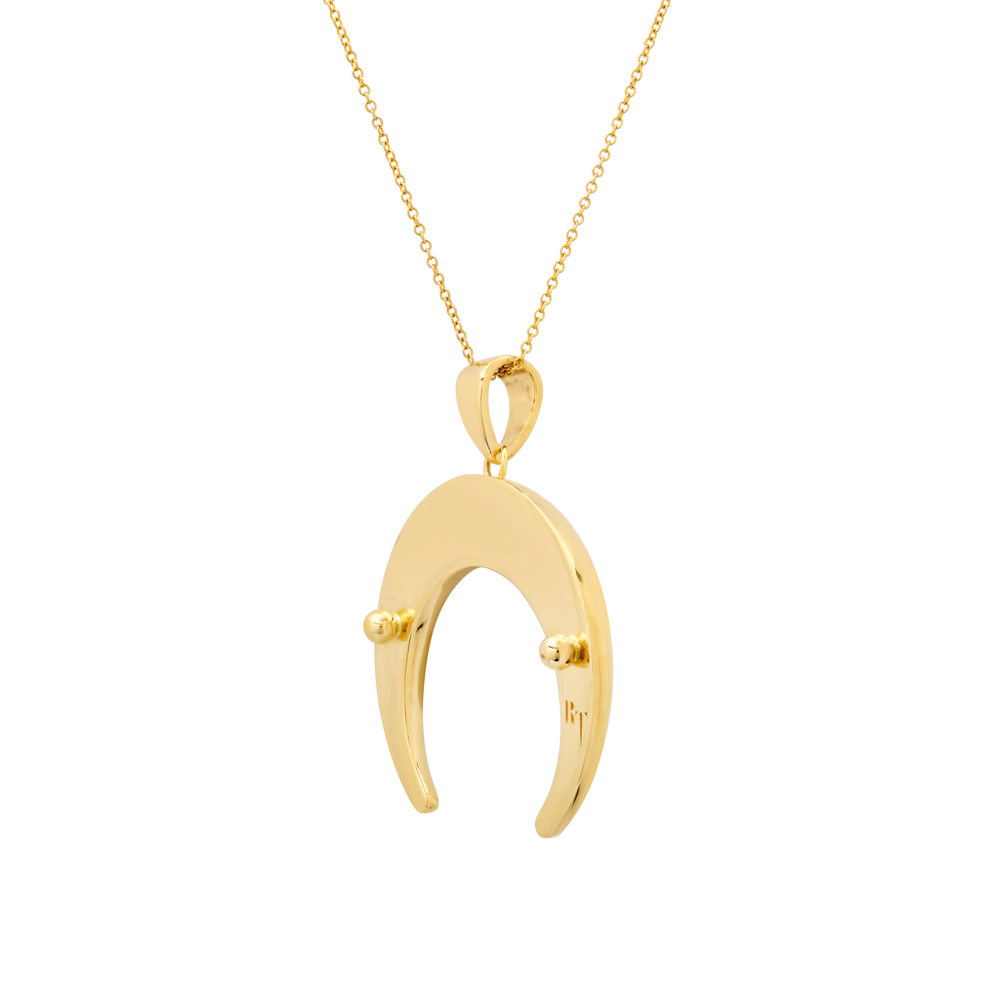 Gold crescent moon pendant necklace with decorative beads on a delicate chain.